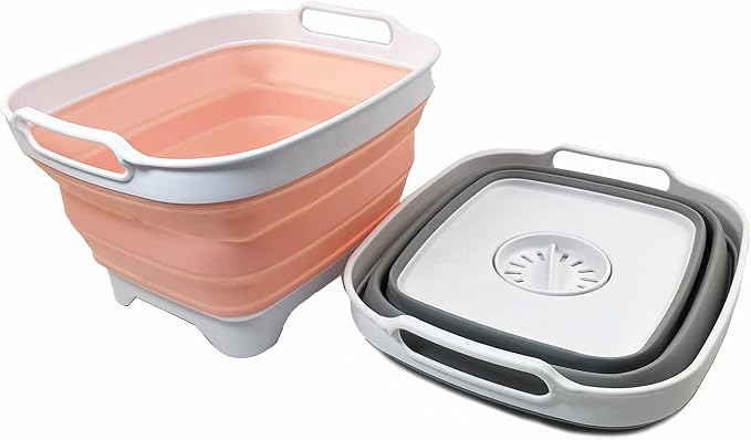 SAMMART 7.5L (2 Gallons) Collapsible Dishpan with Draining Plug - Foldable Washing Basin - Portable Dish Washing Tub - Space Saving y (Grey + Pearl Blush 2)