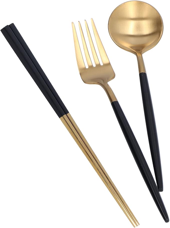 3Pcs Portable Travel Utensils Set Stainless Steel Spoon Fork Chopsticks Dishwasher Safe Cutlery with Anti Shake Groove Storage Box for School Work Outdoor Use (Black gold (black storage box))