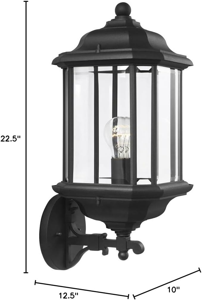 Sea Gull Lighting 84032-12 Kent One-Light Outdoor Wall Lantern With Clear Beveled Glass Panels Black Finish