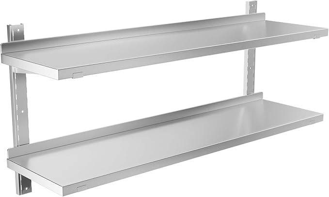 Stainless Steel Shelf 47.2 X 12.6 Commercial Floating Wall Shelf with Brackets 154Lbs Capacity Adjustable Double-Layer Metal Heavy Duty Storage Rack for Restaurant Kitchen Bar Home Hotel