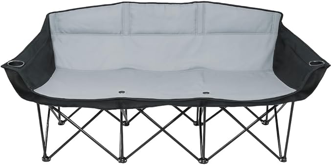 GoTEAM! Portable Folding Bench Couch – 3 Seat Collapsible Outdoor Chair with Cup Holders &amp Carry Bag – Heavy Duty 600D Nylon for Camping Sports Tailgating Beach &amp Backyard (Black/Gray)