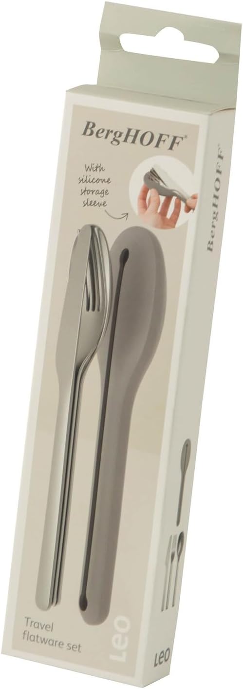 BergHOFF Leo 18/10 Stainless Steel 4Pc Reusable Travel Flatware Set Knife Spoon Fork Sleeve with Silicone Sleeve Dishwasher safe Grey