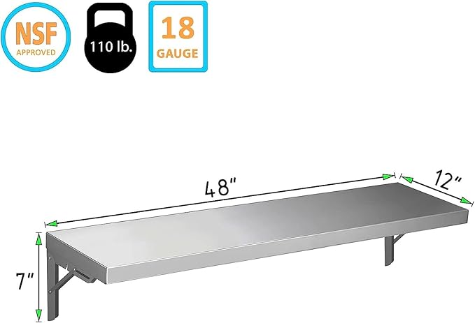 12 x 48 Stainless Steel Folding Wall Shelf - Food Truck Kitchen Restaurant Laundy Garage and Utility Room