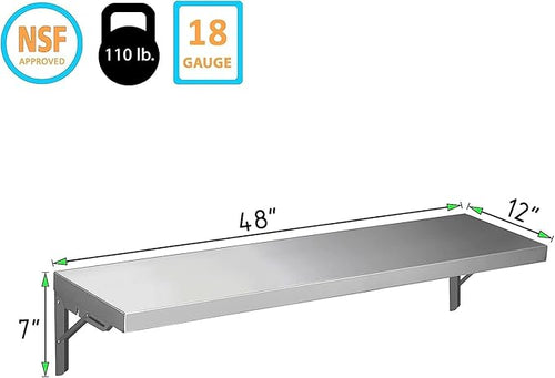 12 x 48 Stainless Steel Folding Wall Shelf - Food Truck Kitchen Restaurant Laundy Garage and Utility Room