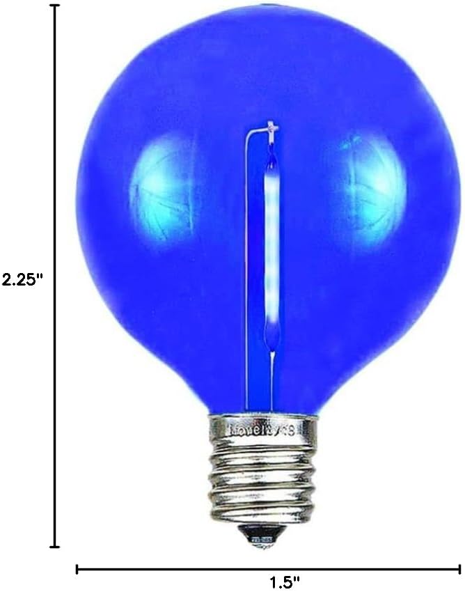 Novelty Lights 25 Pack Blue G40 LED Filament String Light Bulbs E12/C7 Candelabra Base 5 Watt Equivalent Shatterproof Replacement Bulbs for Patios Canopy Lighting