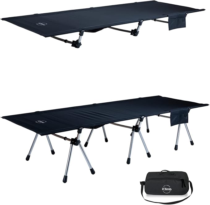 iClimb Super Easy Assemble Folding Cot Ultralight Compact Heavy Duty with Carry Bag for Adults Camping Backpacking (Black Two Heights)