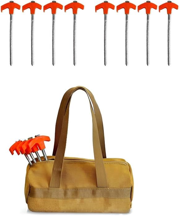 8 Screw in Tent Stakes 8-Inch M8 Carbon Steel Spiral Ground Anchors for Camping Tents Canopies and Tarps Hand or Drill Installation for Grass Gravel and Hard Soil (8PCwith Bag)