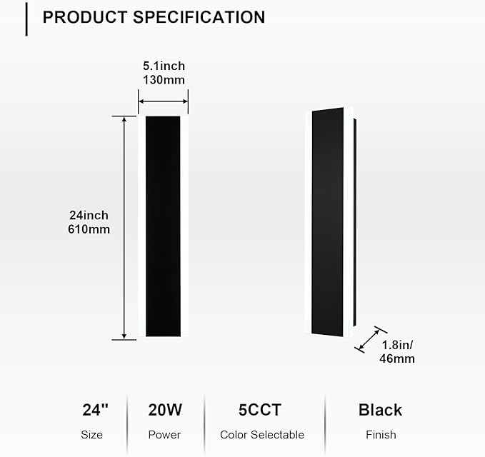 24-Inch 2-Pack Outdoor LED Wall Sonce Waterproof IP65 Modern Wall Light Fixture with Build-in Integrated LED &amp 5 Color (3000K/3500K/4500K/5000K/6000K) for Front Door Garage House