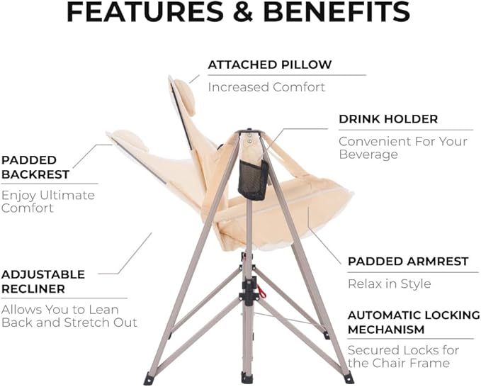 Portable Swing Hammock Chair | Foldable Recliner Rocking Lounger with Headrest &amp Drink Holder | Outdoor Sports Beach Lawn Hunting Tailgating Fishing | Supports 300Lbs (Beige)