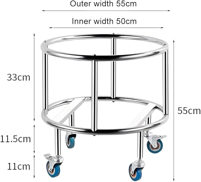 Stainless Steel Stock Pot Rack with Four Wheels Bucket Mobile Stand Gas Bottle Mobile Base for Moving Storage Buckets Milk Buckets Easy to Install (Silver 55x55cm)
