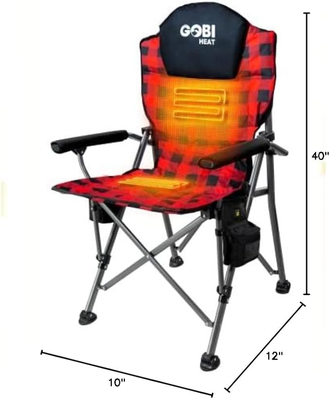 Terrain Heated Camping Chair - 9 hrs of Heat | with Battery &amp Charging Cable | 3 Heat Settings (Plaid)