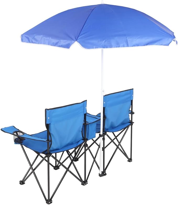 Double Folding Camping Chair W/Umbrella Fold Up Table Beverage Holder Carrying Bag Cooler for Patio Pool Park Outdoor Beach Picnic Portable (Blue)