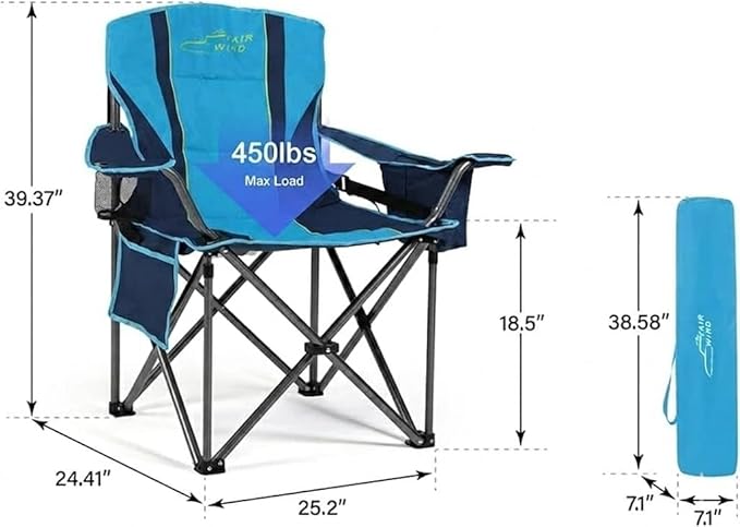 FAIR WIND Heavy Duty Camping Chair Oversized Padded Folding Chair for Big and Tall (450lbs) Extra Wide Seat with Integrated Cooler &amp Storage Pocket Adjustable Lumbar Support for Outdoor