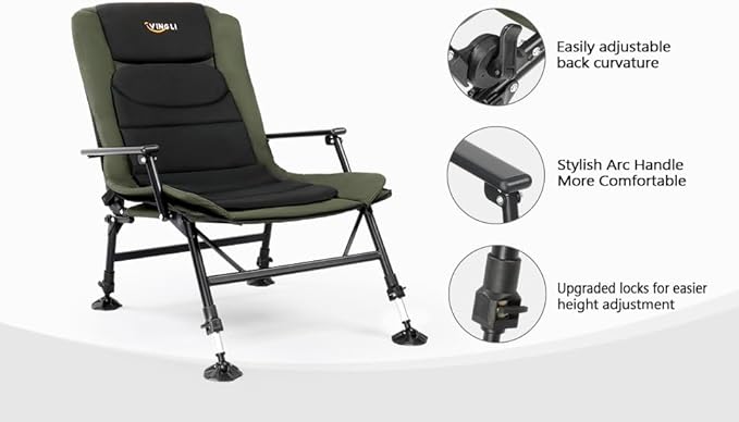 VINGLI Oversized Fishing Chair Heavy Duty Support 440 LBS 160° Freely Adjustable Reclining Folding Chairs Lounge Travel Outdoor Seat with High Back for Fishing Camping or Leisure