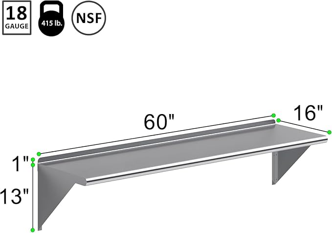 KPS 16 x 60 Stainless Steel Wall Shelf – NSF Certified Heavy-Duty Commercial Kitchen Storage Rack