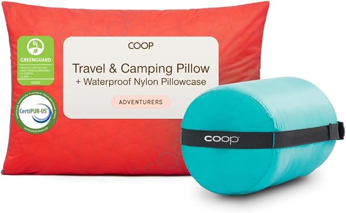 Coop Home Goods Original Adjustable Travel Pillow and Waterproof Pillow Protector Red Bundle with Compressible Stuff Sack Medium-Firm Memory Foam and Washable Cover CertiPUR-US Certified (19x13)