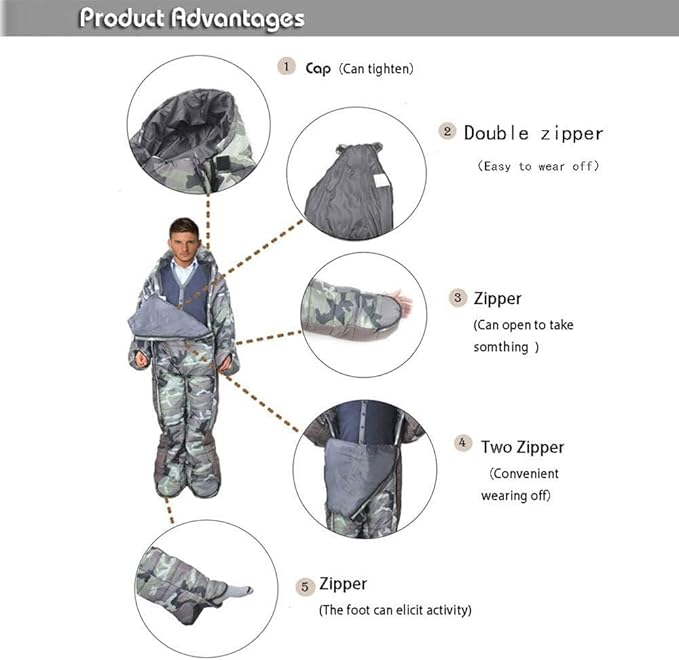 72 Large Wearable Human Sleeping Bag Zipped Foot Opening Design Free Size Ultralight Hoodie Quilted Warm Thermal Coat for Adults Winter or Outdoor 4 Season Camping