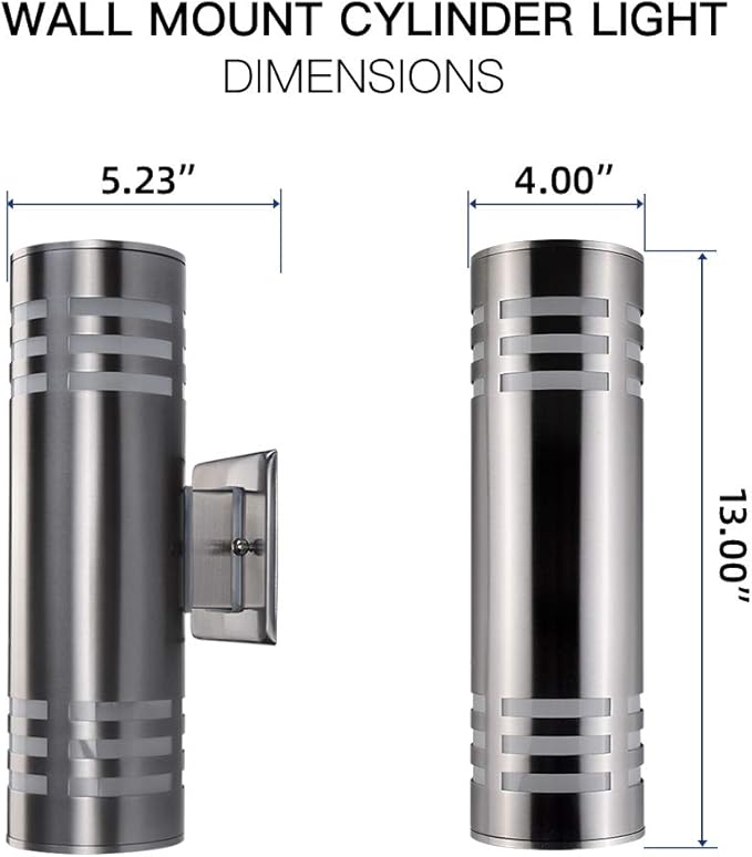 Outdoor Wall SconceCylinder Porch Wall Light with Stainless Steel 304 and Toughened GlassWaterproof Up Down Light for Garden Patio Bedroom Living Room (Silver13 HeightNo Bulbs)