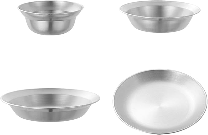pistro Stainless Steel Plates and Bowls Outdoor Tableware Insulated Metal Bowls Camping Utensils Dinnerware Set for Picnic BBQ Beach- 4pcs Silver