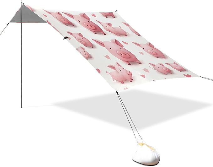 Cute Pink Pigs Beach Tent Sun Shelter 9.2' x 10.5' Beach Canopy with 4 Sandbags 4 Stability Poles Sand Shovels - Tent Canopy for Beach Camping Fishing Picnics