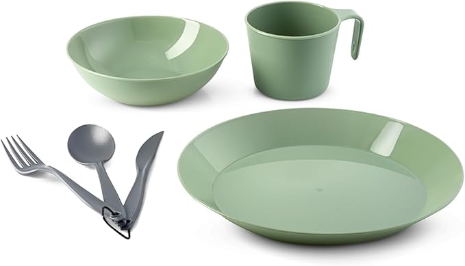 GSI Outdoors Cascadian 1 Person Table Set I 6-Piece Camping Backpacking Mess Kit Plastic BPA Free Plate Bowl Mug Cup &amp Cutlery Set