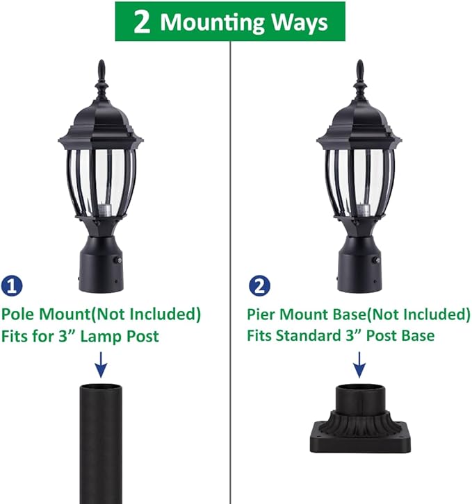 LIT-PaTH Dusk to Dawn Outdoor Post Lighting Fixture Pole Lantern E26 Medium Base Max 60W Aluminum Housing Plus Glass Bulb Not Included (Black 2-Pack)