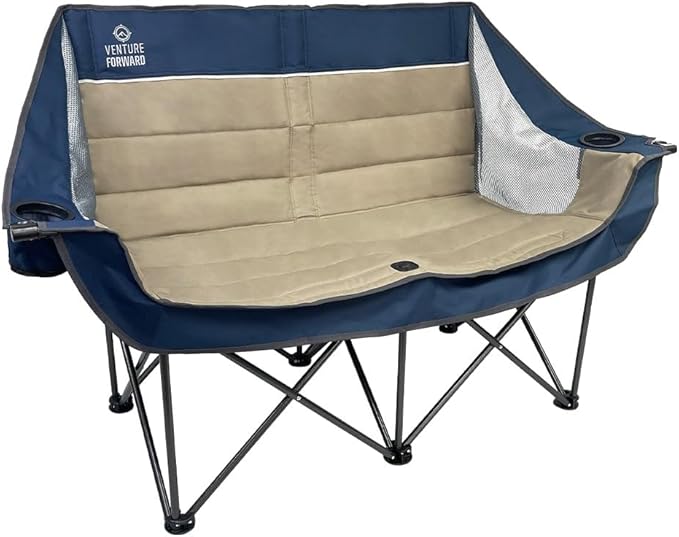 Doublewide Padded Sofa – Portable Outdoor Camping Sofa Chair for 2 High-Loft Cushioning Dual Cup &amp Wine Holders Mesh Storage Pocket &amp Carry Bag Durable 600D Fabric Steel Frame