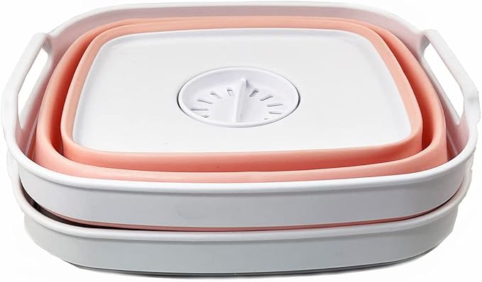 SAMMART 7.5L (2 Gallons) Collapsible Dishpan with Draining Plug - Foldable Washing Basin - Portable Dish Washing Tub - Space Saving y (Grey + Pearl Blush 2)