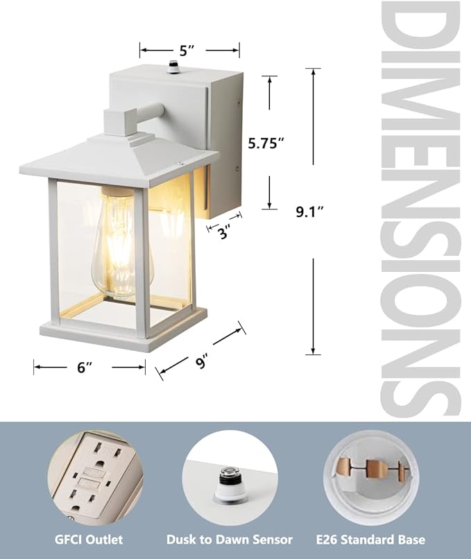 Outdoor Lights with GFCI Outlet Dusk to Dawn Front Porch Lantern Waterproof Exterior Light Fixture Mate White Outdoor Wall Sconce Wall Mount Outside Patio Lighting for House Garage