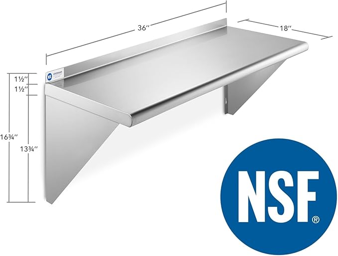 14 x 60 Certified Commercial Grade Stainless Steel Wall Mount Shelf with Backsplash – Heavy-Duty 18 Gauge Shelving for Restaurant Kitchen Utility Room and Garage Use
