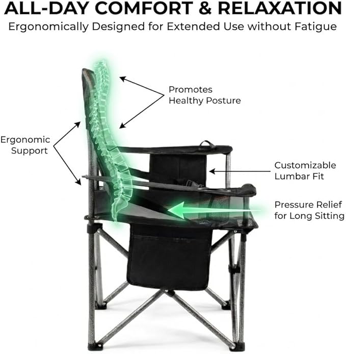 FAIR WIND 2 Pack Heavy Duty Camping Chair Oversized Padded Folding Chair for Big and Tall (450lbs) Extra Wide Seat with Integrated Cooler &amp Storage Pocket Adjustable Lumbar Support for Outdoor