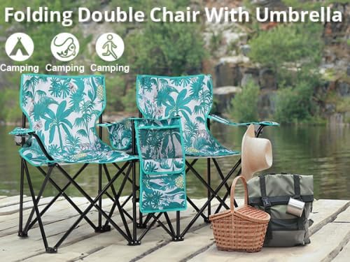 VINGLI Beach Chair with Umbrella for Adults Double Camping Chair with Canopy &amp Cooler Fold-Up Table Carrying Bag Folding Chair for Outdoor (Pineapple Pattern)