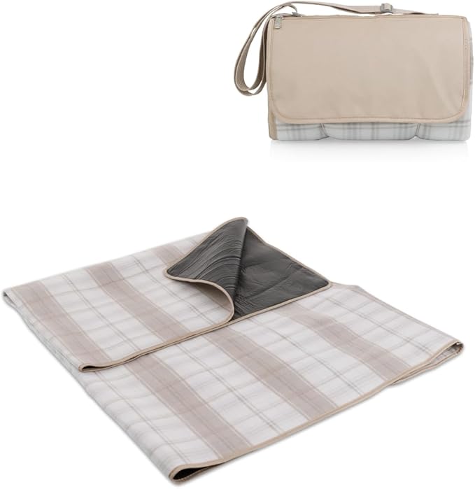 Picnic TIME Outdoor Picnic Blanket Tote 59x51 Foldable Beach &amp Camping Blanket with Soft Fleece Water-Resistant Bottom Adjustable Strap &amp Zippered Pocket (Neutral Plaid)