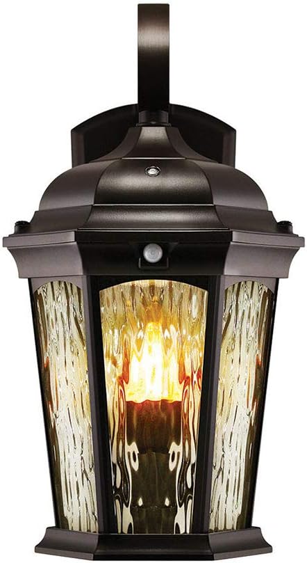 Euri Lighting EFL-130W-MD Flickering Flame Porch Light Water Glass with Integrated Security Light (3000K) Motion-Sensor Dusk-to-Dawn Oil Rubbed Bronze Housing
