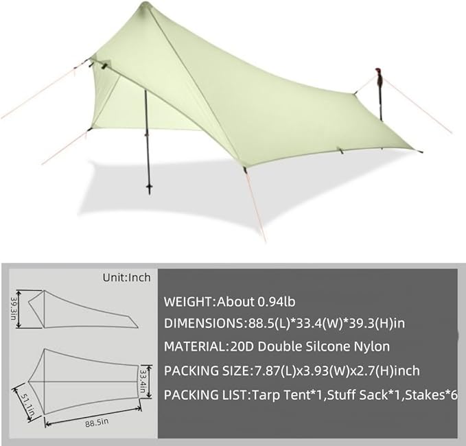 Ultralight Tarp TentOutdoor Mini Tarp for 1 Person 20D Double Silcone Nylon Poless Tent for CampingBackpackingTrekking