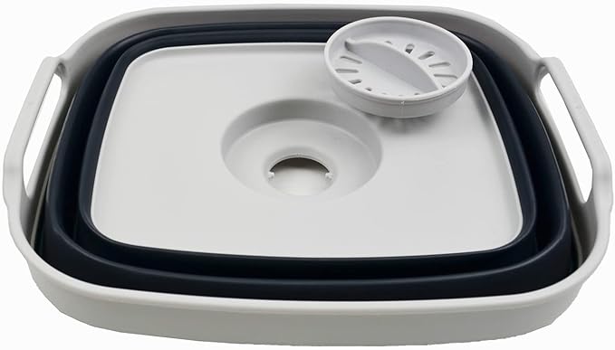 SAMMART 7.5L (2 Gallons) Collapsible Dishpan with Draining Plug - Foldable Washing Basin - Portable Dish Washing Tub - Space Saving (Grey/Slate Grey 1)