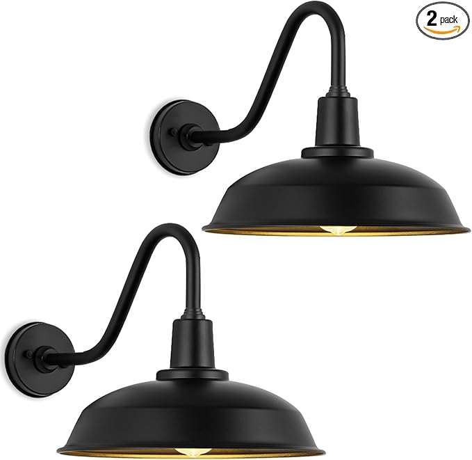 Large 15 Black Gooseneck Barn Lights Vintage Industrial Outdoor Barn Lights for Garage Patio Garden - 2 Pack