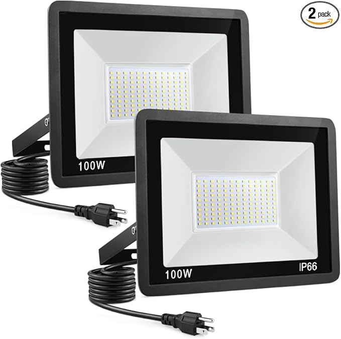 100W LED Flood Light Outdoor 2Pack 10000LM Super Bright IP66 Waterproof Outside Work Lights 6500K Daylight White Security Lights Plug in Flood Light for Yard Garage Garden Patio