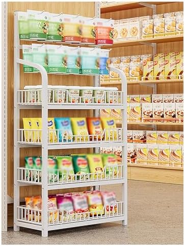 Retail Snack Display Stand Metal Supermarket Shelf Candy Storage Cart Rack Potato Chip Floor Organizer for Pantry Convenience Stores Concession White-4tier-50x27x146cm