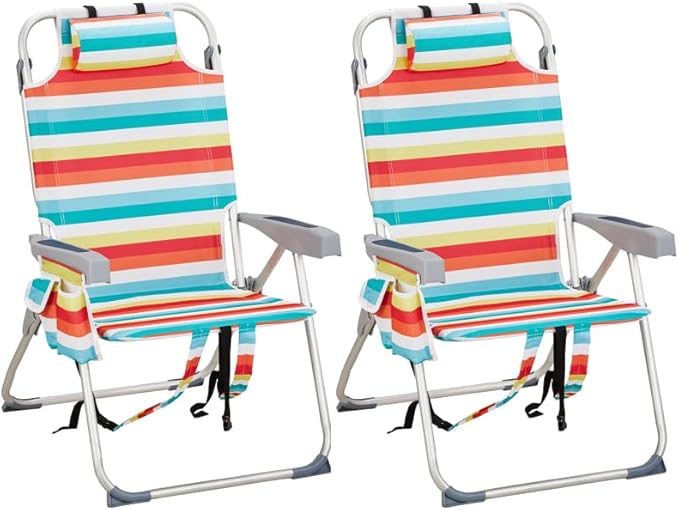 Folding Backpack Beach Chair 4 Position Portable Camping Chair with Headrest Cup Holder and Wooden Armrests (Colorful 2 Packs)