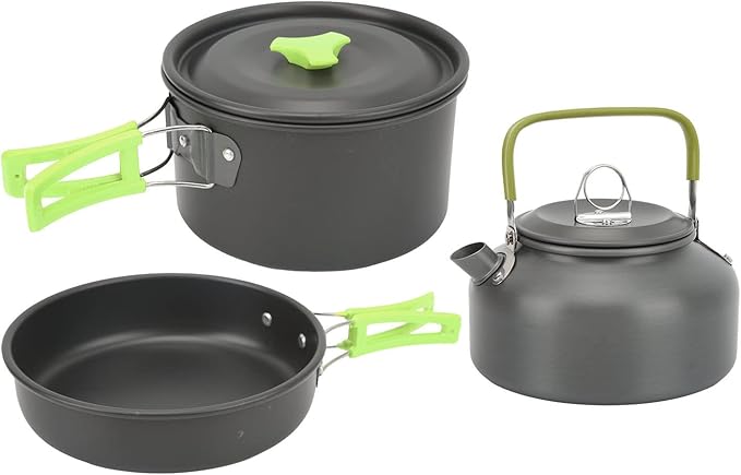 Camping Cookware Mess Kit Portable Set Hard Oxidized Aluminum Lightweight Black - Non Stick Surface Folding Utensils Ideal for Backpacking and Outdoor Cooking