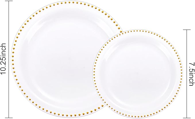 Rubtlamp 60Pcs White Gold Plastic Plates White Disposable Plates With Gold Beaded Heavyduty Plastic Plates Include 30 Dessert Platos 30 Dinner Platos for Party