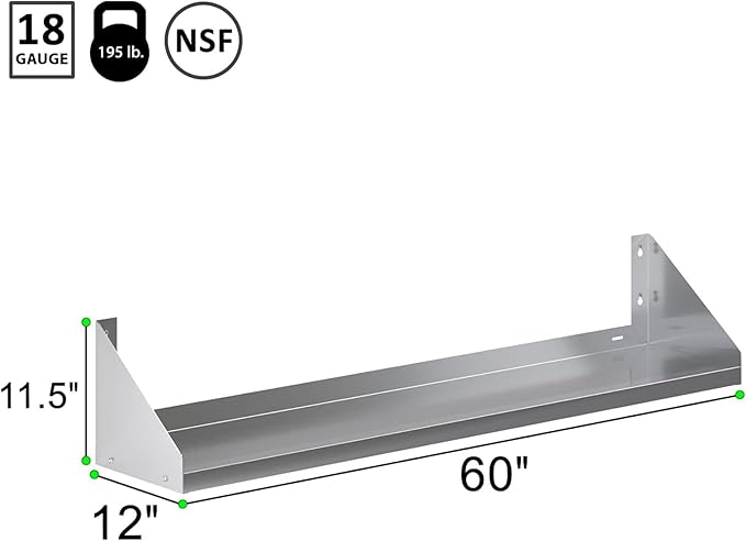 Premium Quality Stainless Steel Wall Shelf with Side Guards | Commercial Metal Shelving | | NSF Certified | (60 Long x 12 Deep)