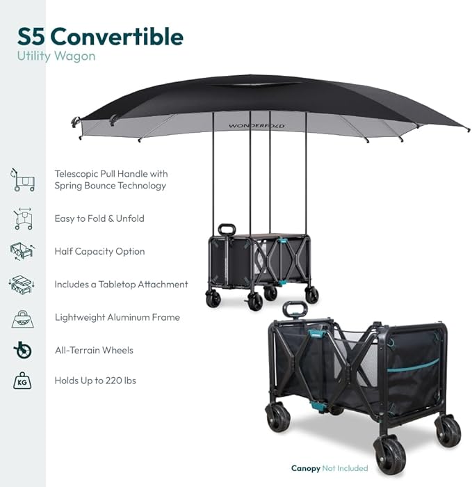 WONDERFOLD S5 Convertible Utility Wagon - Sturdy Compact Wagon with Wheels and Versatile Half-Capacity Option Table Attachment &amp Brakes Black