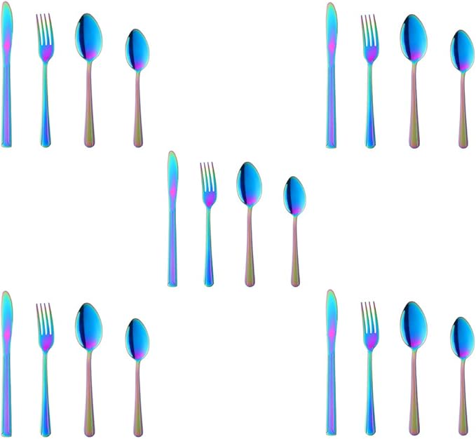 Buyer Star 20-Piece Rainbow Silverware Flatware Set Stainless Steel Travel Eating Utensil for Picnic Camping Service for 5 Dishwasher Safe