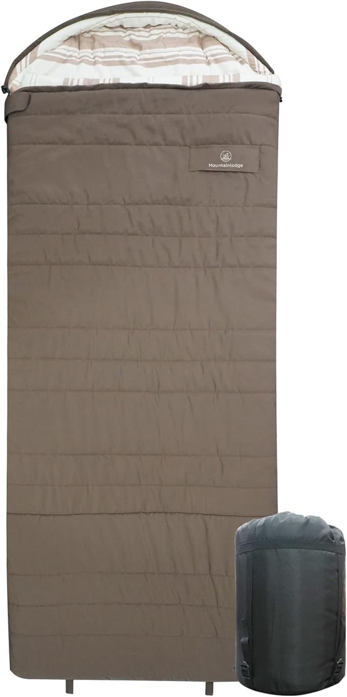 Mountainlodge Peach-Skin Shell and Cotton Lining Sleeping Bag for Adult Cold Weather&ampWarm with Compression Bag&ampCarry Bag and Detachable Hood for CampingTravel and Car Camping