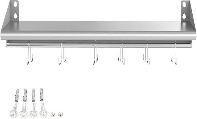 Skyflame 12 x 36 Wall Shelf with 6 Hanging Hooks for Storage Stainless Steel Commercial Shelving with Side Guards for Bar Utility Room Kitchen Garage