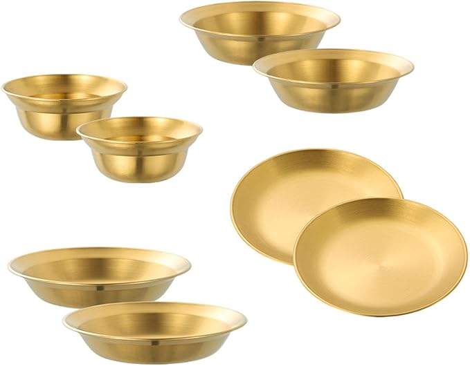 Stainless Steel Plates and Bowls Outdoor Tableware Insulated Metal Bowls Camping Utensils Dinnerware Set for Picnic BBQ Beach- 8pcs Gold