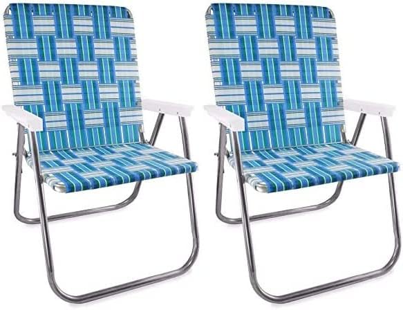 Lawn Chair USA - Outdoor Chairs for Camping. Made with Lightweight Aluminum Frames and UV-Resistant Webbing. Folds for Easy Storage 2- Pack (Sea Island with White Arms Magnum)