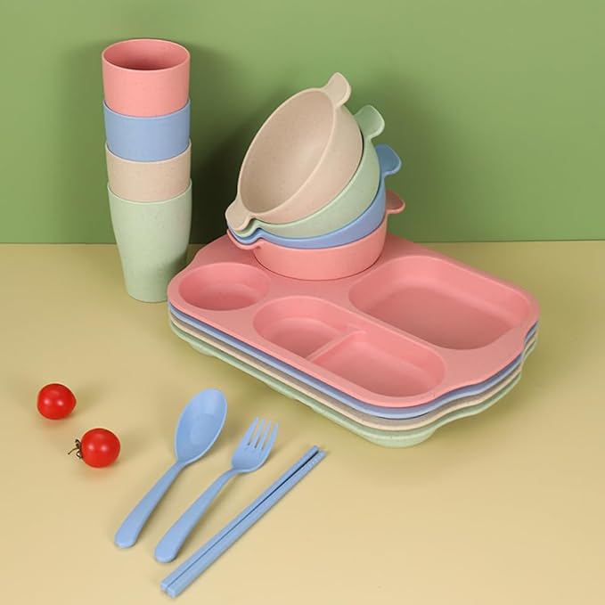 24 Pcs Wheat Straw Dinnerware Cutlery SetsUnbreakable Divided Plates Bowls Cups Spoon Knife Fork for 4 PeopleMicrowave Dishwasher Safe Tableware Cutlery for Party and Daily UseMix Color 3
